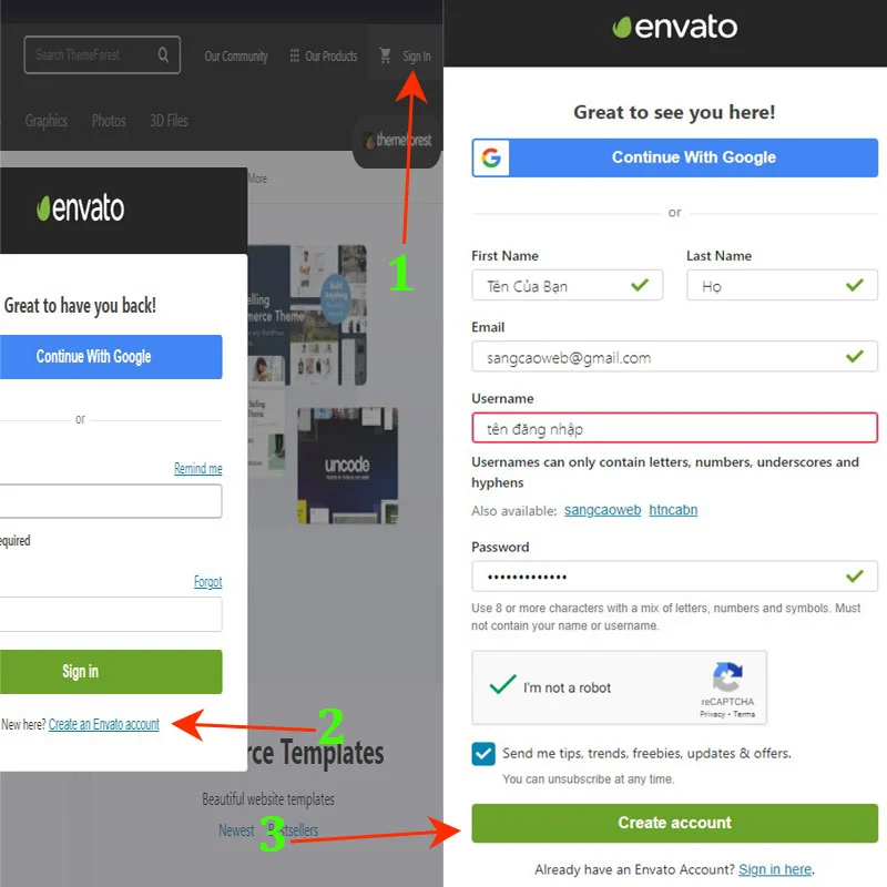 Tạo tài khoản trên themeforest trước khi mua theme rehub